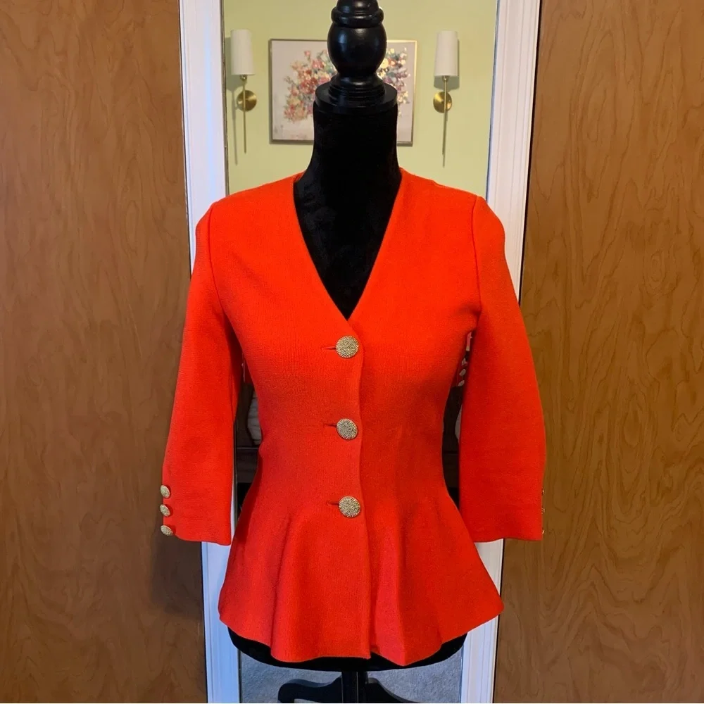 St. John Red Peplum Blazer Jacket Gold Buttons Size 0 | Luxury Designer - Picture 2 of 11